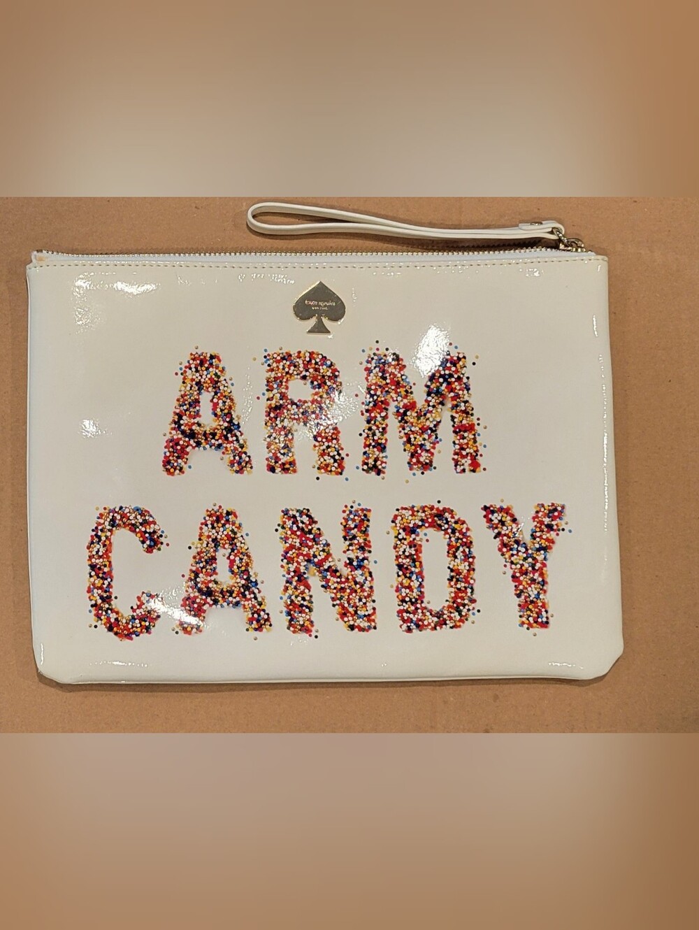 Kate Spade NY White Patent "Arm Candy" Confetti Lettering Wristlet Clutch NWD